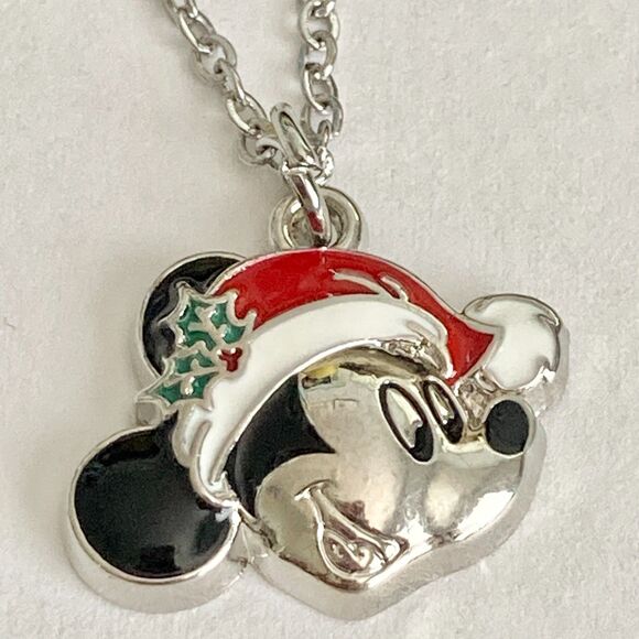 Vintage Disney Mickey Mouse Christmas Necklace Santa Hat 18" Chain Enamel Signed - Picture 4 of 9